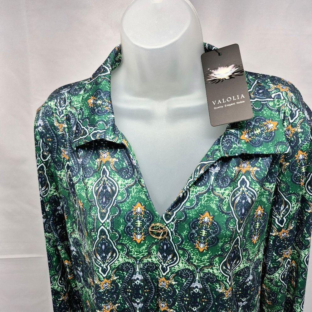 Valolia Green Blue Orange Paisley Print V-Neck Tunic Blouse Shirt XL - Picture 3 of 15